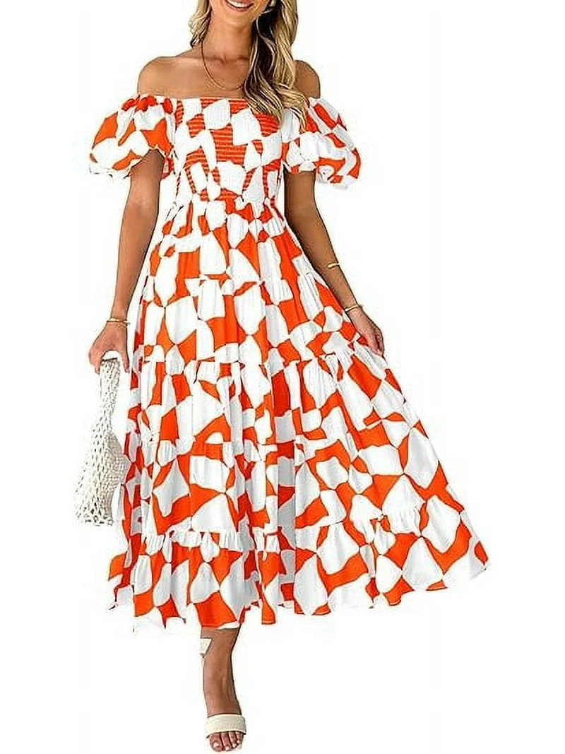 PRETTYGARDEN Women's Summer Boho Midi Dress Off Shoulder Puff Sleeve Print Smocked Ruffle Beach L... | Walmart (US)