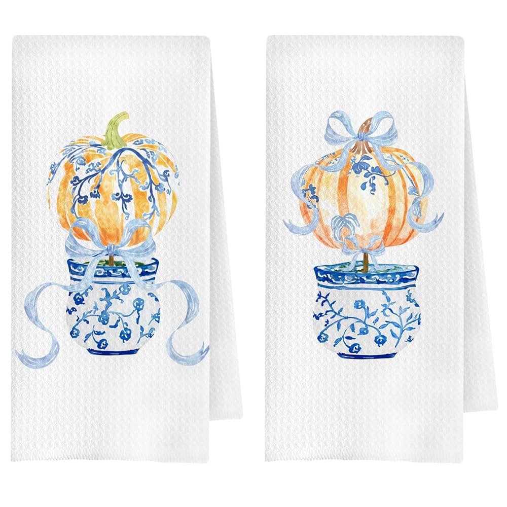 Chinoiserie Pumpkin Fall Kitchen Towels, Coquette Blue Bow Pumpkin Dish Tea Towel for Kitchen Dec... | Amazon (US)