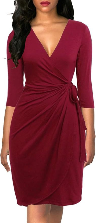 Berydress Women's Classic 3/4 Sleeve V Neck Sheath Casual Party Work Faux Black Wrap Dress | Amazon (US)