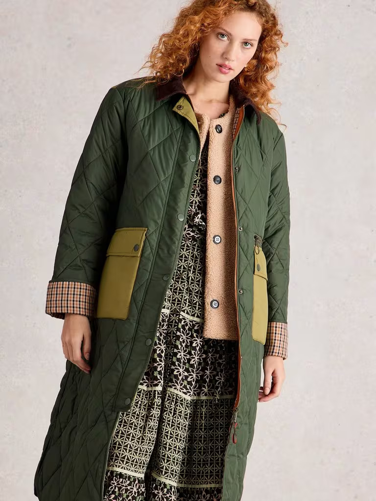 Stella Longline Quilted Coat in DARK GREEN | White Stuff UK