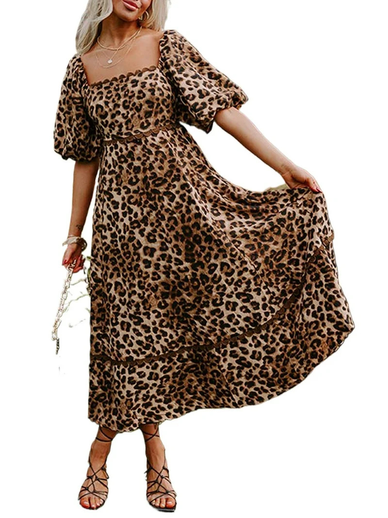 Brown Leopard Print Bubble Sleeve Square Neck Maxi Dress for Women - [ZhiHiMeRi] | (US 12-14)L | Walmart (US)