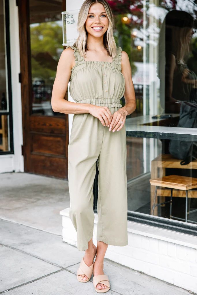 Can't Stop Now Light Olive Green Ruffled Jumpsuit | The Mint Julep Boutique