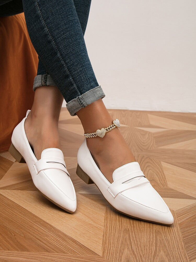 Elegant White Loafer Shoes For Women, Stitch Detail Point Toe Flats | SHEIN
