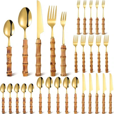 30-Piece Bamboo Handle Stainless Steel Flatware Set - Gold | Wayfair North America