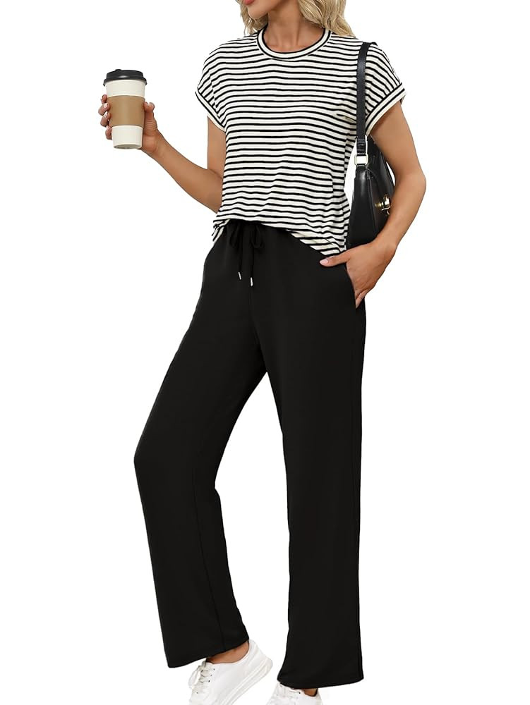 Glamaker Women's 2 Piece Sets Striped Summer Outfits Short Sleeve Shirts Wide Leg Pants Casual Lo... | Amazon (US)