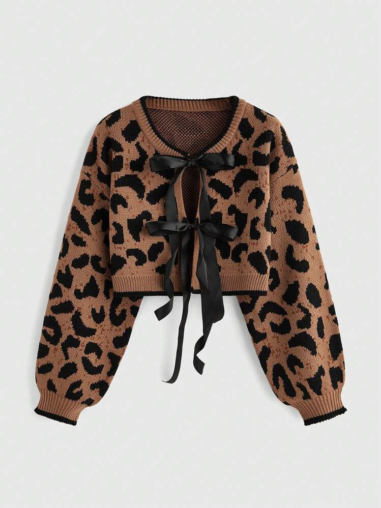 ROMWE Kawaii Autumn Fashion Y2K Leopard Print Bow Tie Cardigan,Long Sleeve Tops | SHEIN