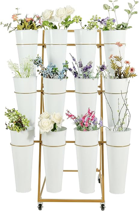 Flower Cart with 12 Metal Buckets, 3 Layers Flower Bar Stand with 360° Swivel Wheels and Brake, ... | Amazon (US)