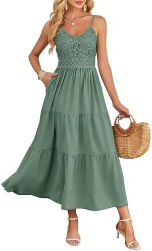 Women's Beach Crochet Lace Maxi Dress Solid Color Summer Vacation Wedding Guest Spaghetti Strap L... | Amazon (US)