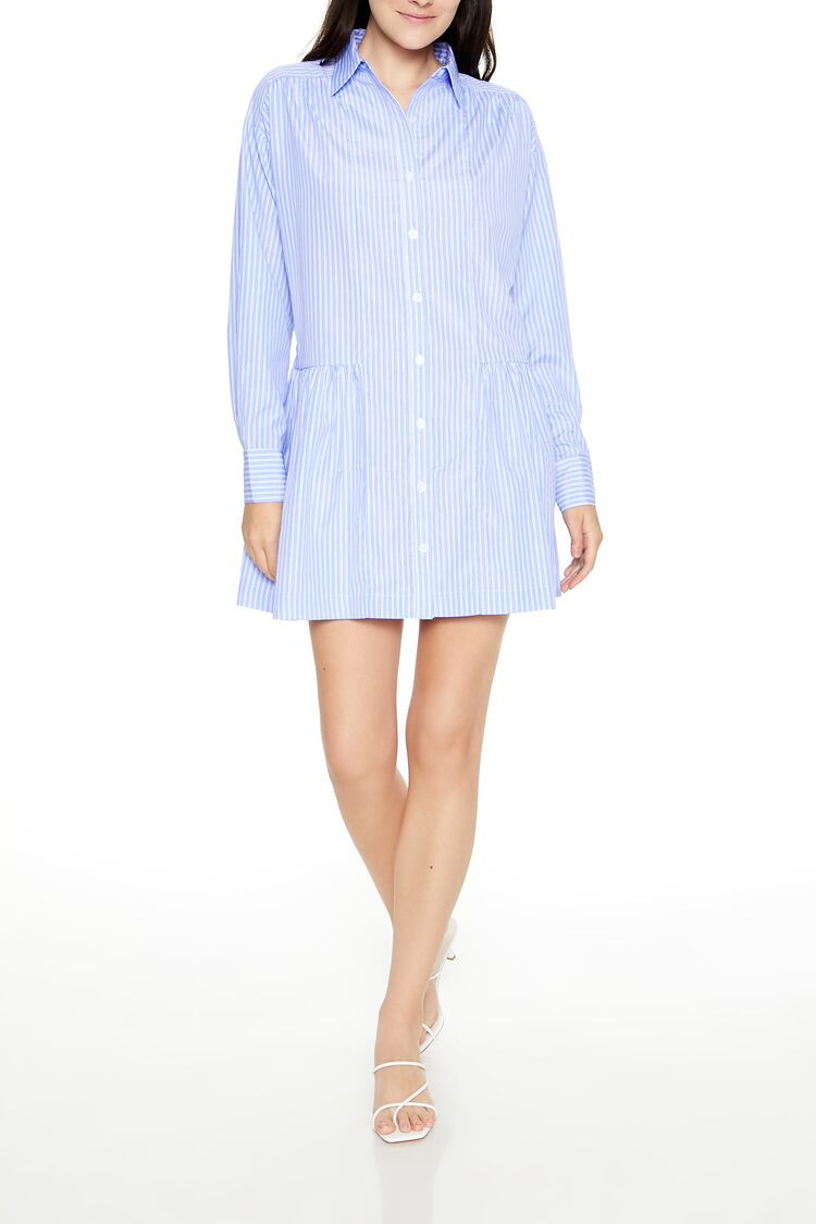 Women's Striped Poplin Shirt Dress in Light Blue Medium | Forever 21