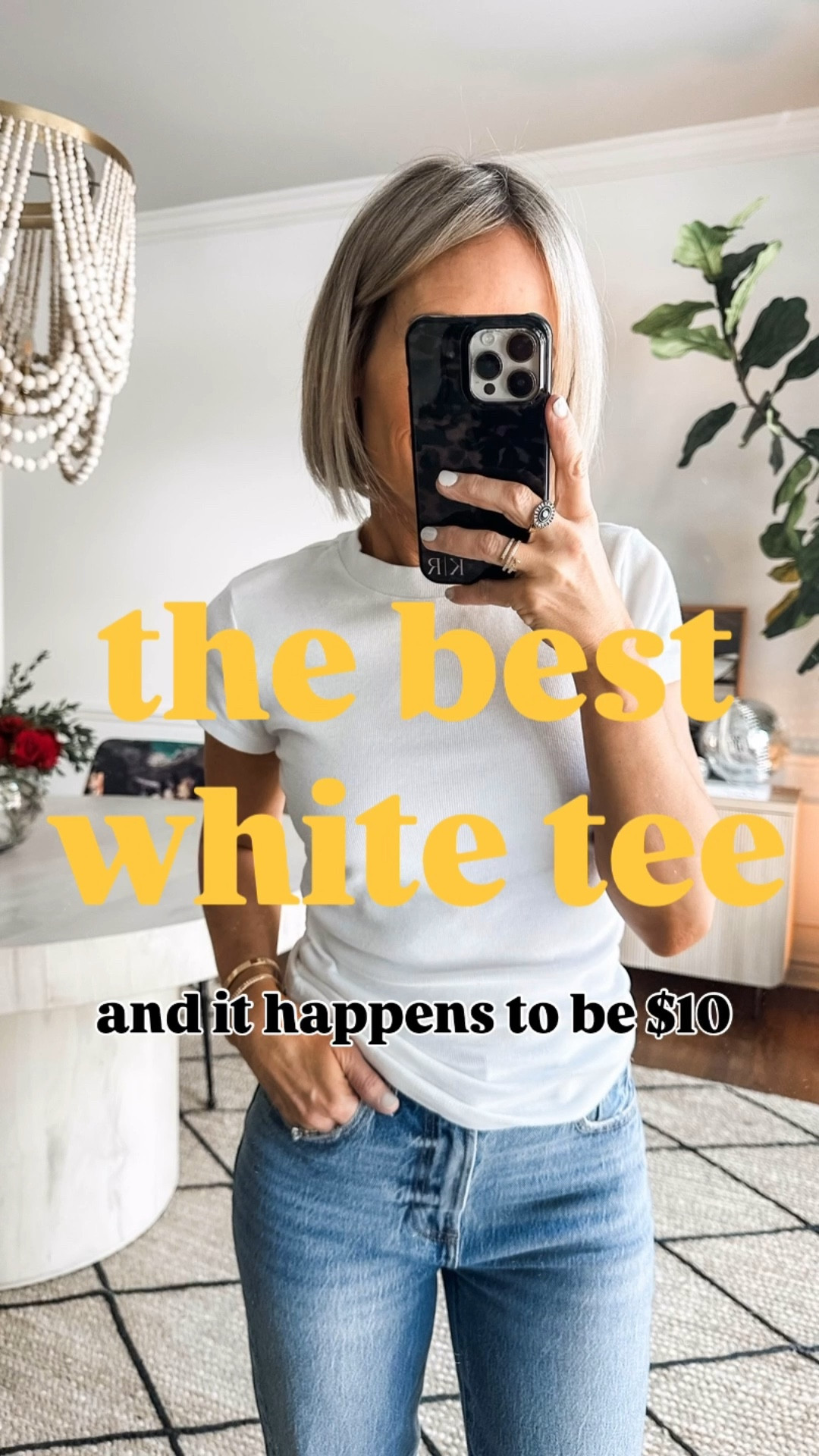 If you were to ask me to list the pieces of clothing I reach for the most, a white tee would be in the top 5. This one in particular is a favorite of mine to wear as a base layer because the detail at the neck.  It sits just a little higher, making it the perfect base layer to wear under sweaters or sweatshirts. Oh and it’s $10.  I’m in my true size xs. Wearing it here with my go to favorite straight leg denim, and a sweater that is still available in a few sizes.#LTKFindsUnder50

#LTKOver40