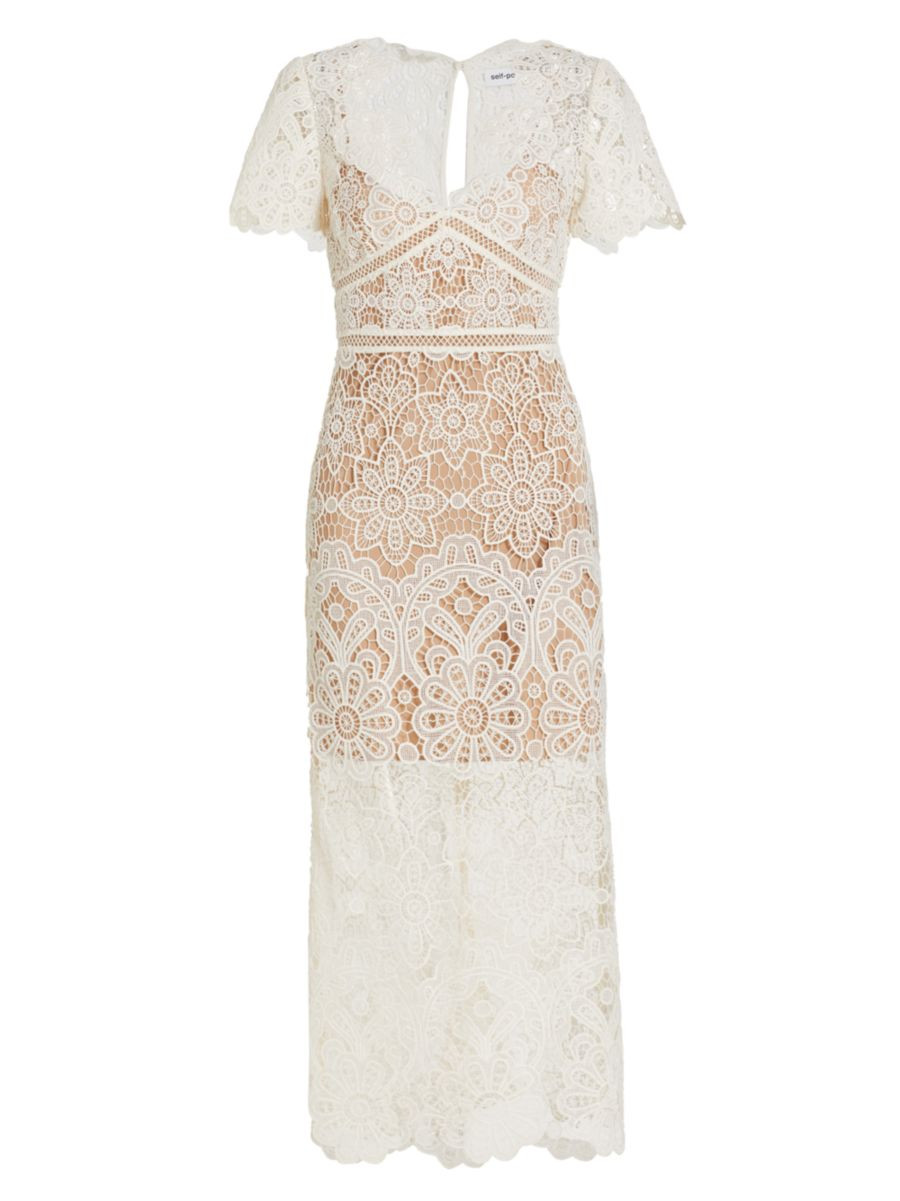 Self-Portrait Ivory Floral Guipure Midi Dress | Saks Fifth Avenue