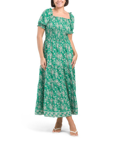 Crepe Puff Sleeve Smocked Bodice Floral Maxi Dress | TJ Maxx