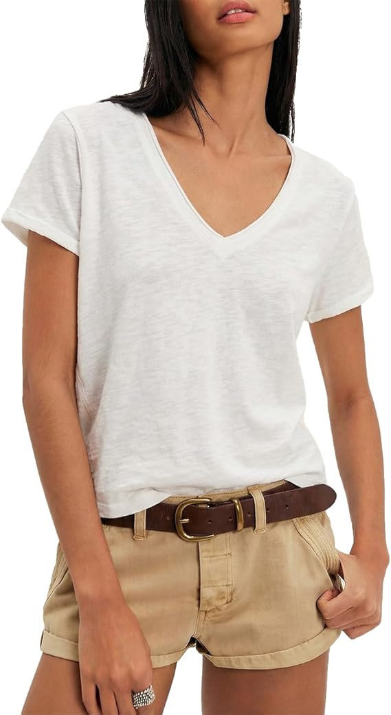 Womens V Neck T Shirts Workout Tops Cropped Athletic Top Short Sleeve Tee Casual Loose Workout Sh... | Amazon (US)