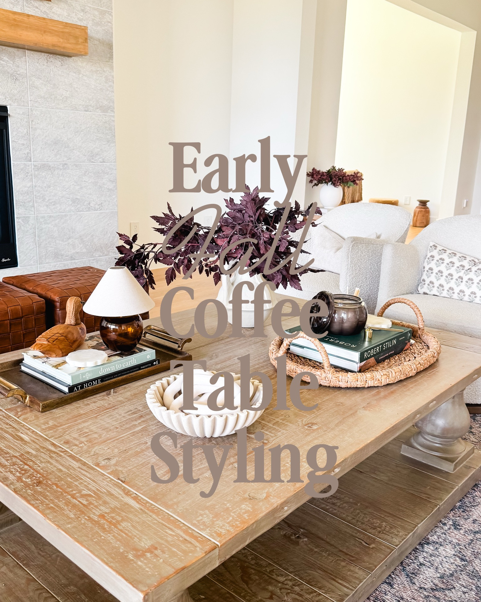 Giving my coffee table a cozy early fall refresh with warm wood tones, rich burgundy stems and layered neutral decor. #affiliatelink

I love mixing woven textures, coffee table books, sculptural decor, a small accent lamp and an oversized vase to make a living room feel warm and collected without adding too much. These are some of my favorite fall coffee table decor ideas, neutral fall home decor, organic modern living room decor, coffee table styling ideas, cozy living room decor, fall home decor finds and designer-inspired home accents for an easy seasonal refresh. Linking everything I can!

#LTKHome #LTKSeasonal #LTKSaleAlert