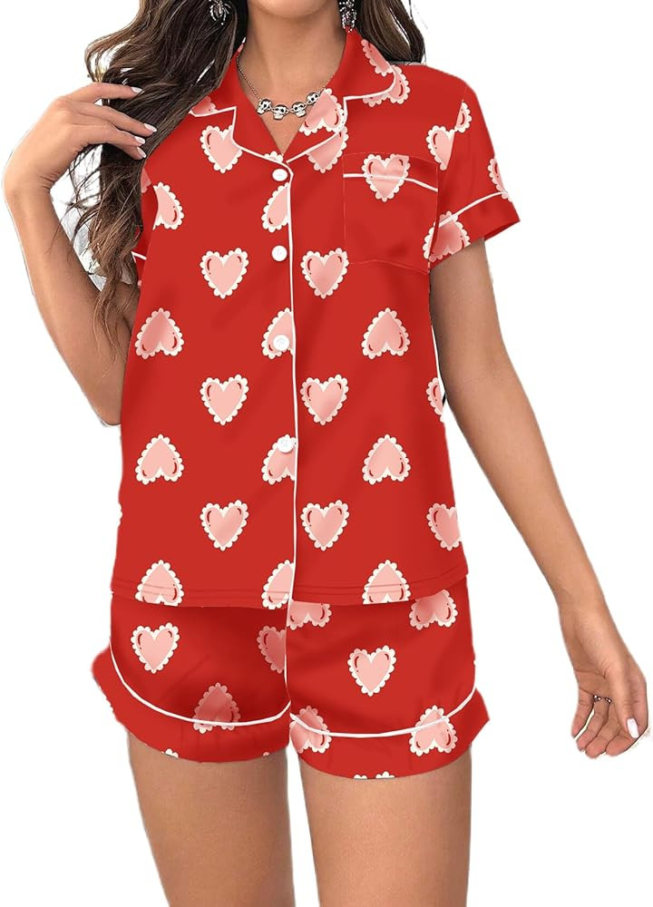 Women Valentines Pajamas Set Short-Sleeve Button Shirt and Shorts Matching Sets 2 Piece Loungewea... | Amazon (US)