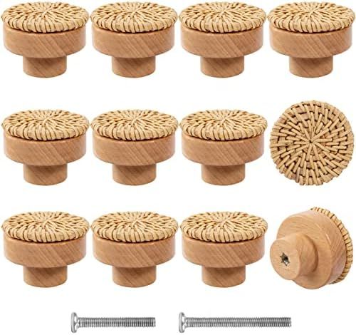 12 Pack Boho Rattan Dresser Knobs- Durable Beech Wood Drawer Knobs Handmade Wicker Woven Pulls wi... | Amazon (US)