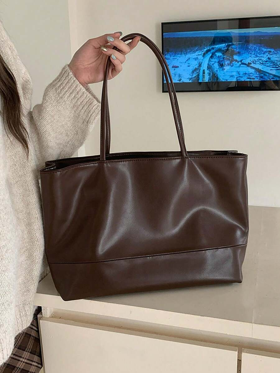 Minimalist Korean Style Soft Leather Feel Large Capacity Shoulder Tote Bag, Vintage Coffee Color,... | SHEIN