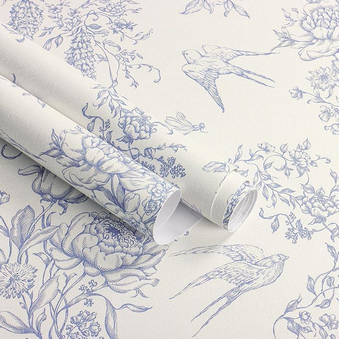 Blue and Cream White Floral Peel and Stick Wallpaper Vintage Birds Wallpaper 16.9"x118.1" Floral ... | Amazon (US)