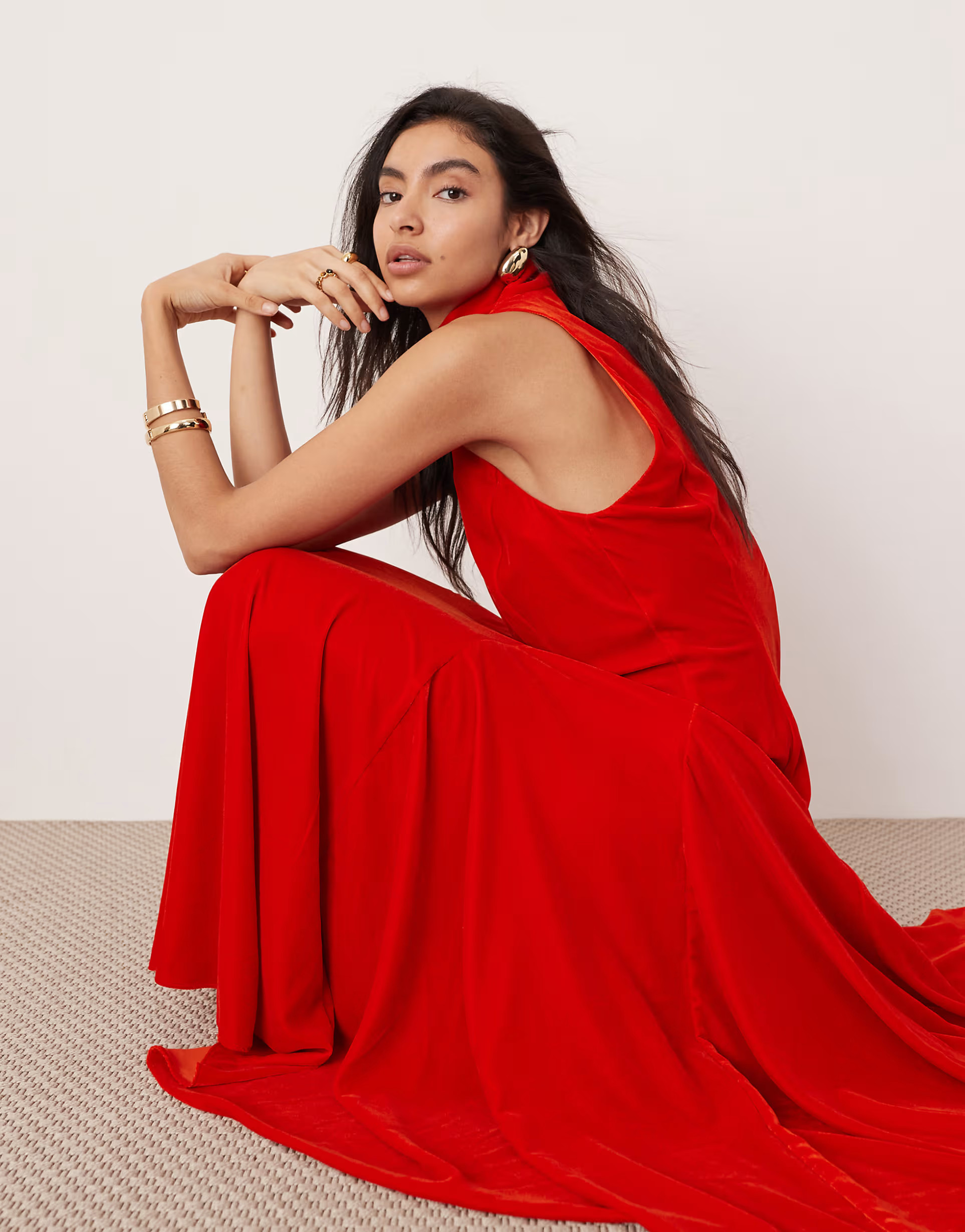 ASOS EDITION velvet halterneck maxi dress with godet skirt in red | ASOS (Global)