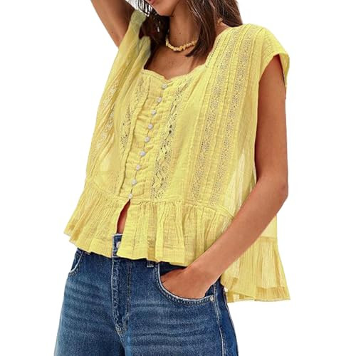 Women Y2k Semi Sheer Blouse Shirt Lace Trim Button Down Short Sleeve Round Neck Casual Going Out Tops Streetwear(Yellow,L) | Amazon (US)