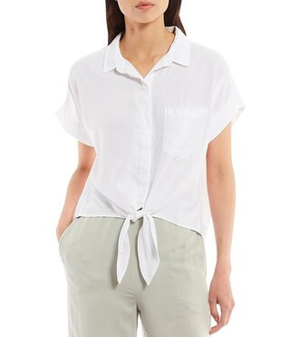 Cloth & Stone Woven Trimmed Short Roll Cuff Sleeve Point Collar Button Tie Front Top | Dillard's | Dillard's