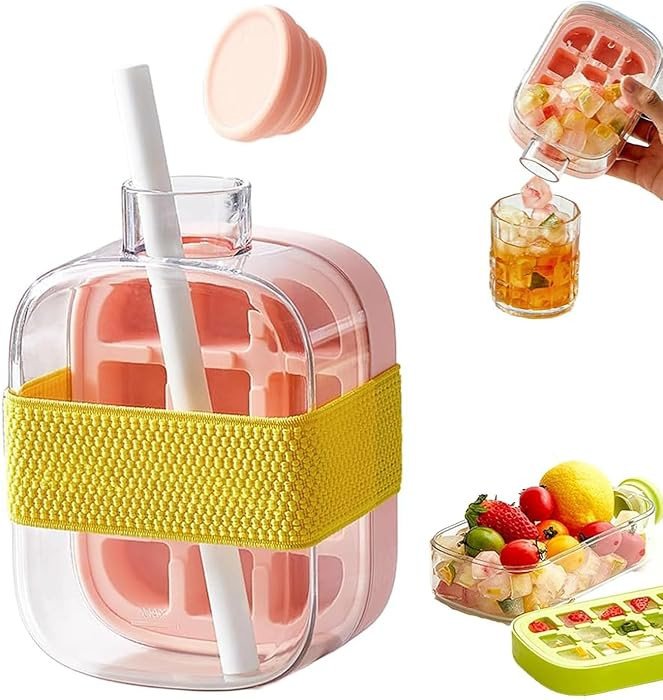 2026 Upgrade 2 in 1 Ice Cube Bottle with Straw,Portable Ice Cube Tray Built in Ice Mold Cup,Press... | Amazon (US)