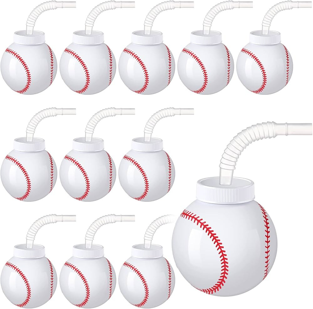 Baseball Ball Shape Cups Bulk with Straws and Lids, 10oz Plastic Reusable Baseball Party Cups Bal... | Amazon (US)