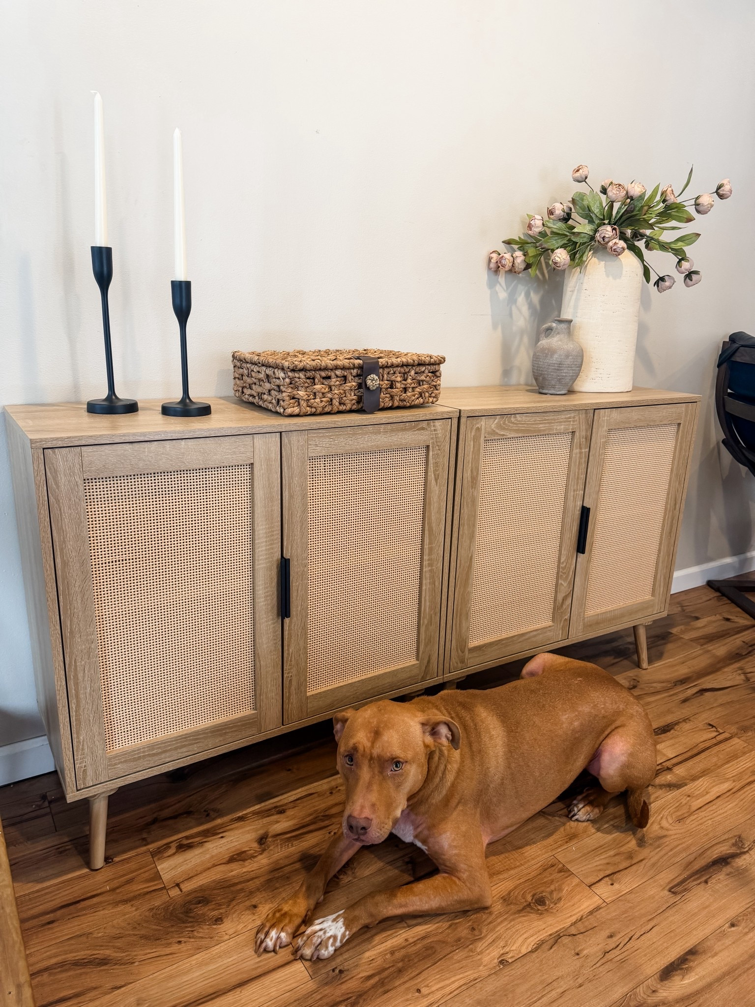 Affordable console table design with my favorites from Target, Amazon and Walmart. Michael’s tan peonies. The most beautiful McGee & co dupe water hyacinth lidded basket. Plus these cabinets hide toys and house items so well. 

#LTKdayinmylife #LTKHome #LTKSaleAlert