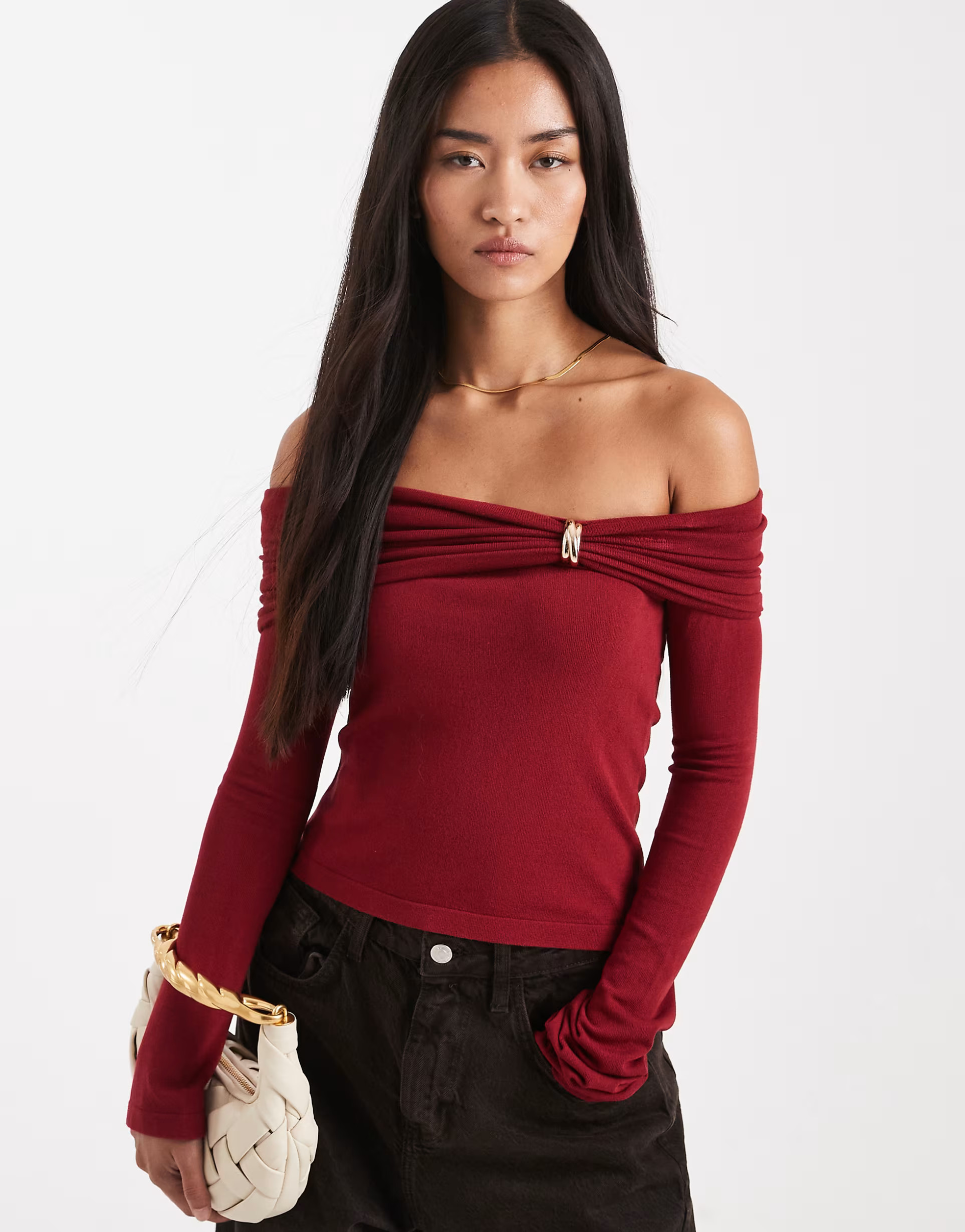 4th & Reckless knitted bardot gold hardware detail jumper in burgundy | ASOS | ASOS (Global)