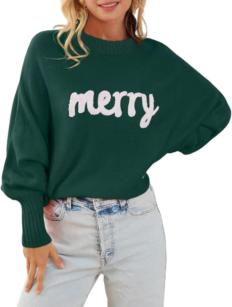 Womens Merry Christmas Sweaters Long Batwing Sleeve Sweater Loose Fit Pullover Top Sweaters | Amazon (US)