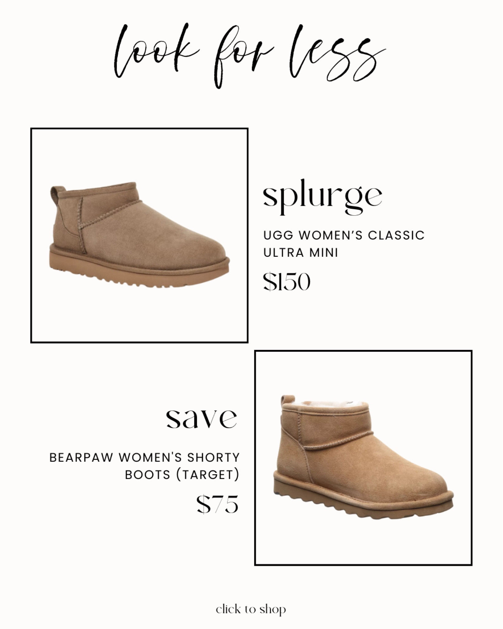 Look for less, splurge or save. Ugg boot dupes 

#LTKstyletip #LTKshoecrush #LTKfindsunder100