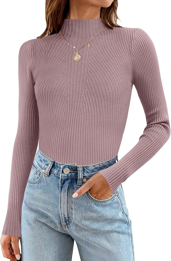 ZESICA Women's 2024 Fall Long Sleeve Turtleneck T Shirts Ribbed Knit Sweater Slim Fi... | Amazon (US)