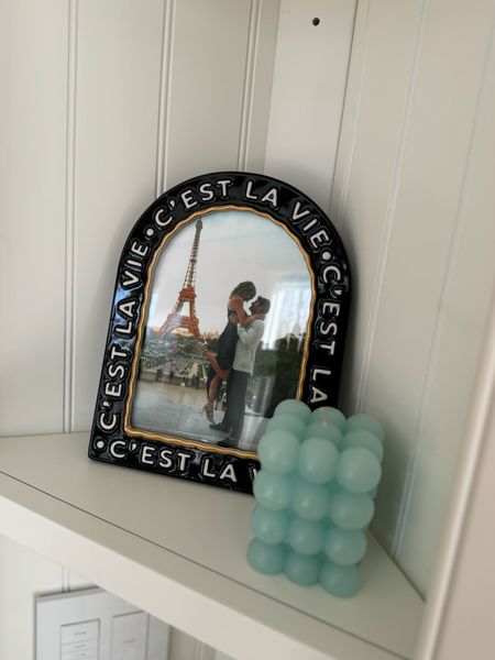 French inspired ceramic picture frame new from Anthropologie spring home decor and bubble candle 