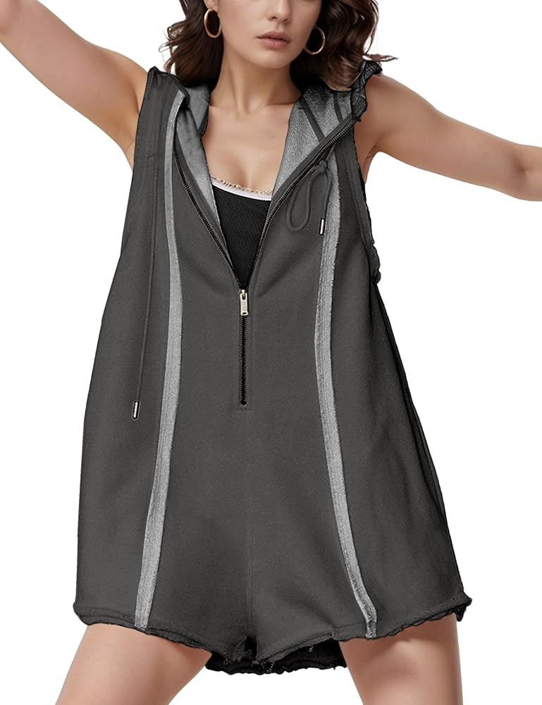 Rompers for Women Athletic Workout Hooded Romper Casual Zip-Front Neck Jumpsuits Overalls with Po... | Amazon (US)