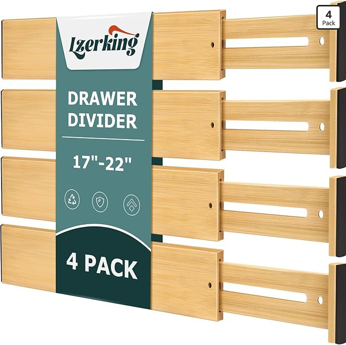 Lzerking Kitchen Drawer Dividers 4 Pack, Adjustable Bamboo Drawer Organizer, 17-22" Expandable Ut... | Amazon (US)