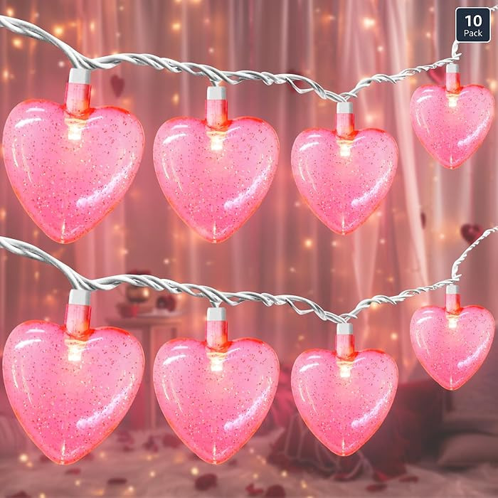 8.5Ft LED Pink Heart String Lights with Sequins 3D Led Pink Valentine Heart Lights for Girls Nigh... | Amazon (US)
