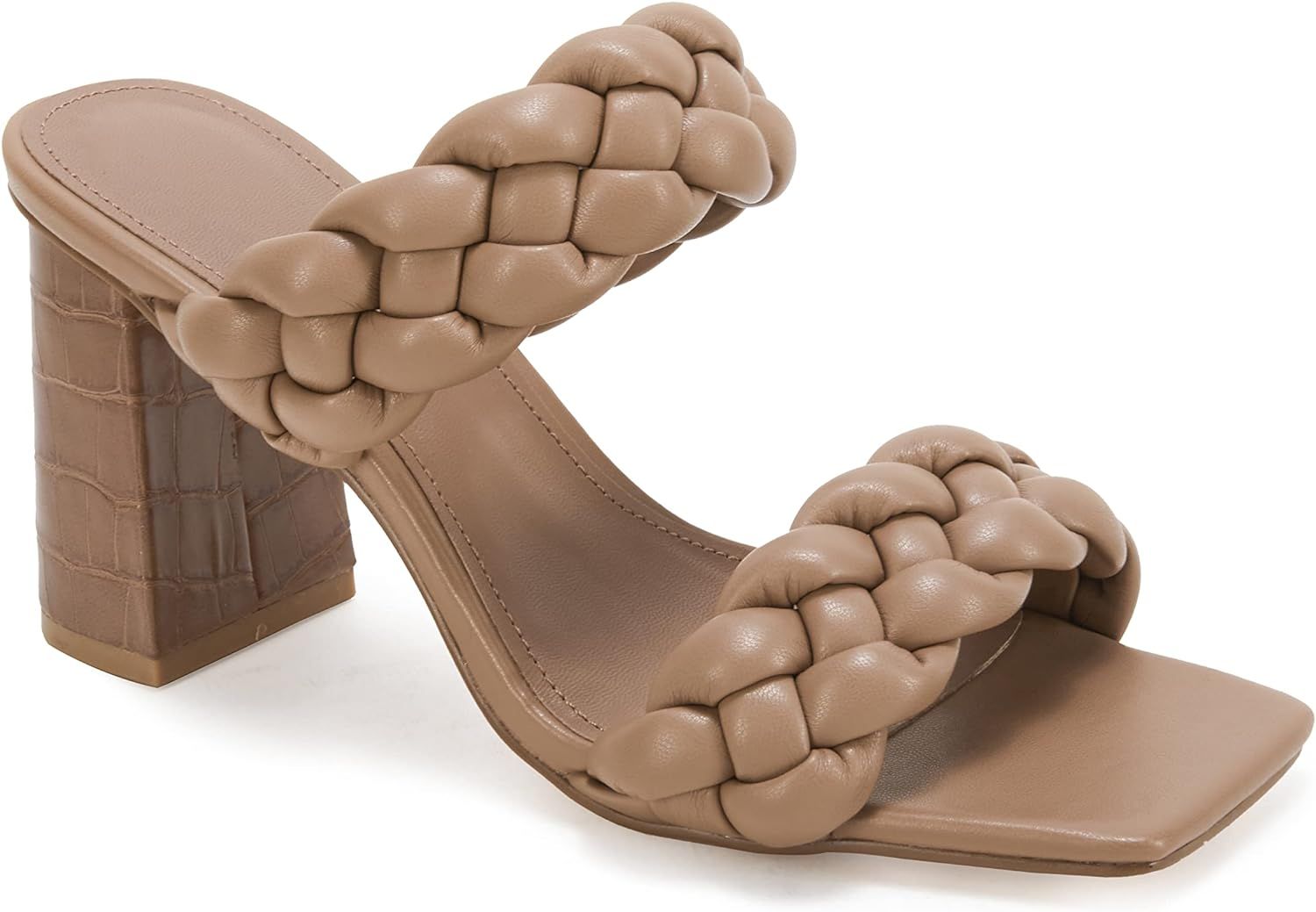 Syktkmx Women's Braided Heeled Sandals Backless Square Open Toe Block Slide Sandals | Amazon (US)