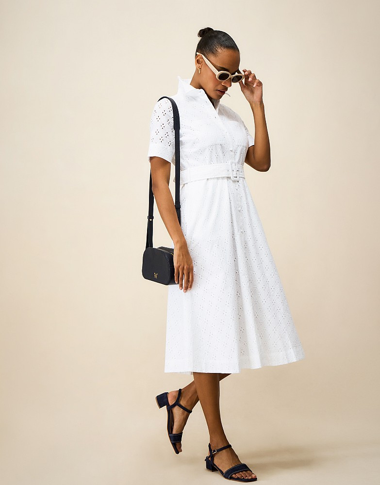 Henley Short Sleeve Broderie Shirt Dress in White | Crew Clothing (UK)