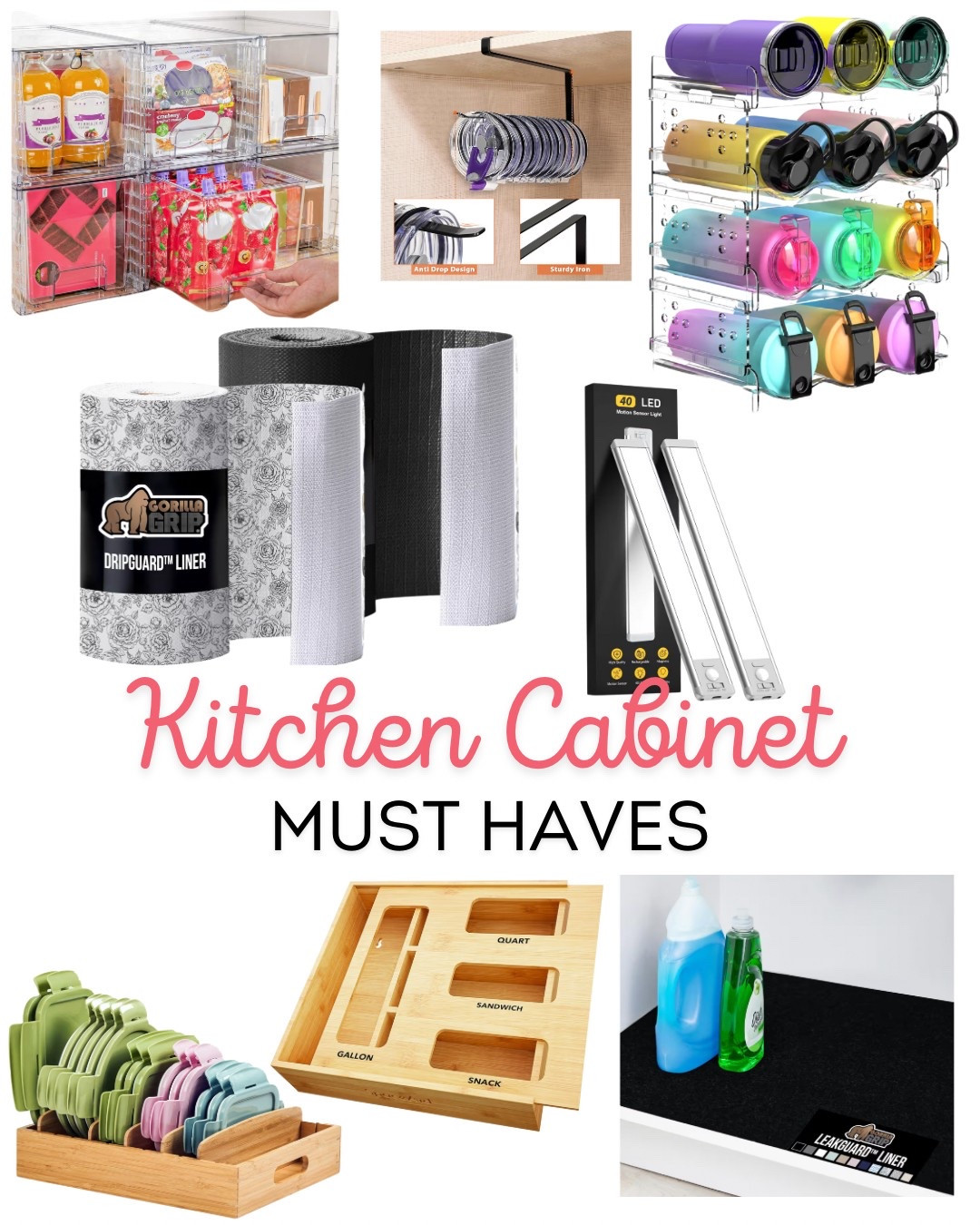 Kitchen cabinet must haves:
Non-stick liners
Motion sensor lights 
Kitchen Storage 
Under sink mat

#LTKHome #LTKFamily #LTKFindsUnder50
