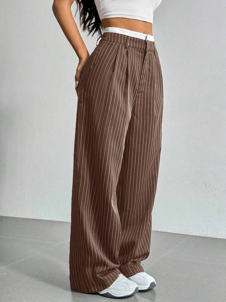 SHEIN EZwear Casual Striped Waistband Wide Leg Suit Pants In Fall/Winter | SHEIN