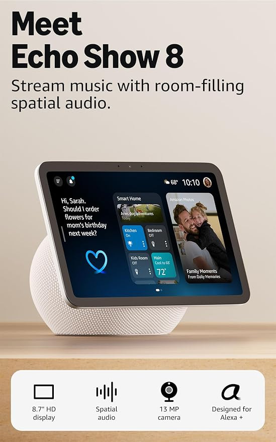 Amazon Echo Show 8 (newest model), Vibrant HD 8.7" display with spatial audio, Designed for Alexa... | Amazon (US)