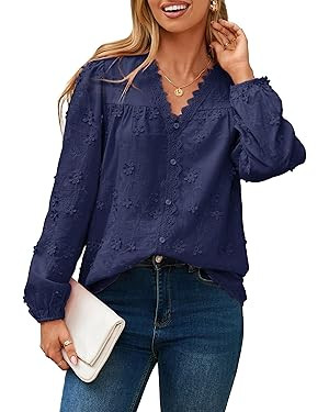 Womens Dressy Long Sleeve Blouses Casual V Neck Button Floral Lace Embroidered Fall Tops Fashion ... | Amazon (US)