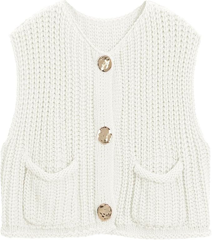 Hixiaohe Womens Crochet Chunky Knit Top Sleeveless Button Down Crop Tops Trendy Cardigan Sweater ... | Amazon (US)