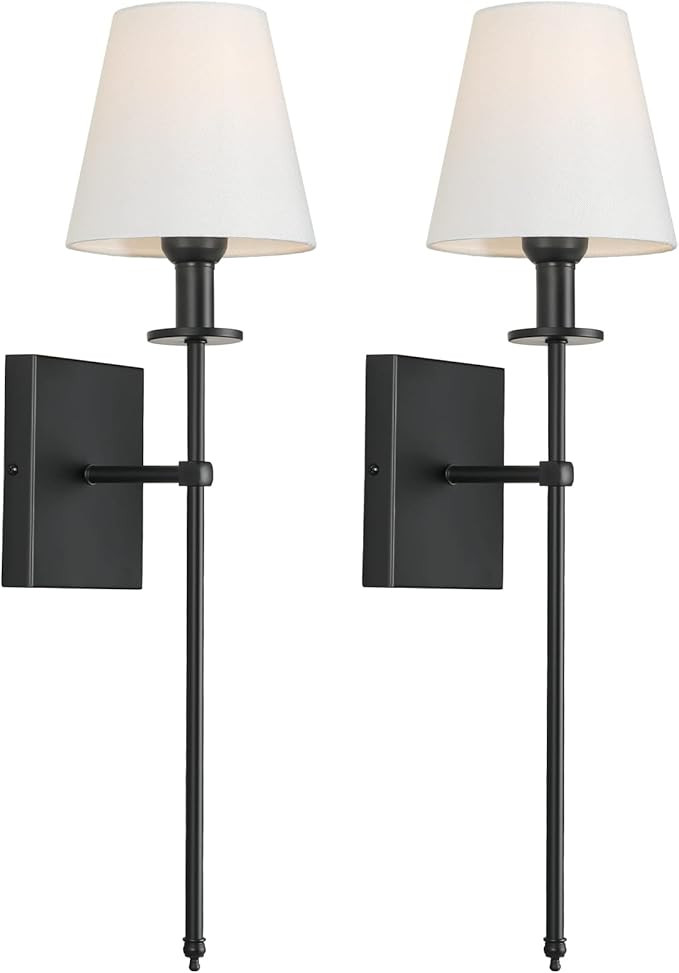 Set of 2 Slim Wall Sconces with White Fabric Shade, Plug in or Hardwired Indoor Wall Lights, Matt... | Amazon (US)