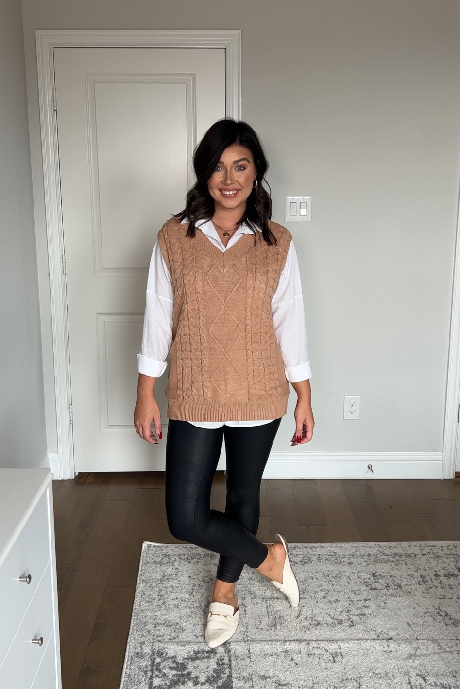 Comfy, cute and affordable Thanksgiving outfit inspo. Preppy Blair Waldorf style. Medium in white shirt & leggings. Large sweater vest  

#LTKHoliday #LTKstyletip #LTKSeasonal