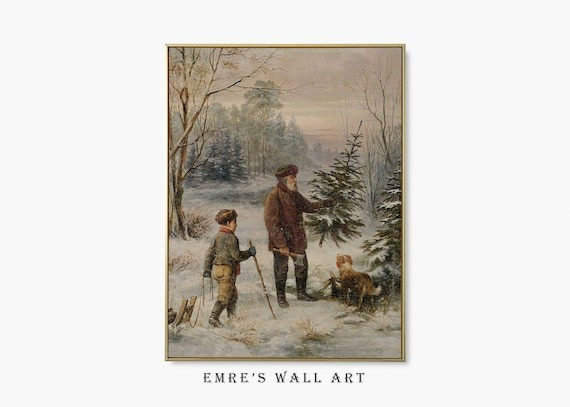 Vintage Winter Pine Forest Painting, Rustic Winter Art Print, Winter Landscape Wall Decor, Christ... | Etsy (US)