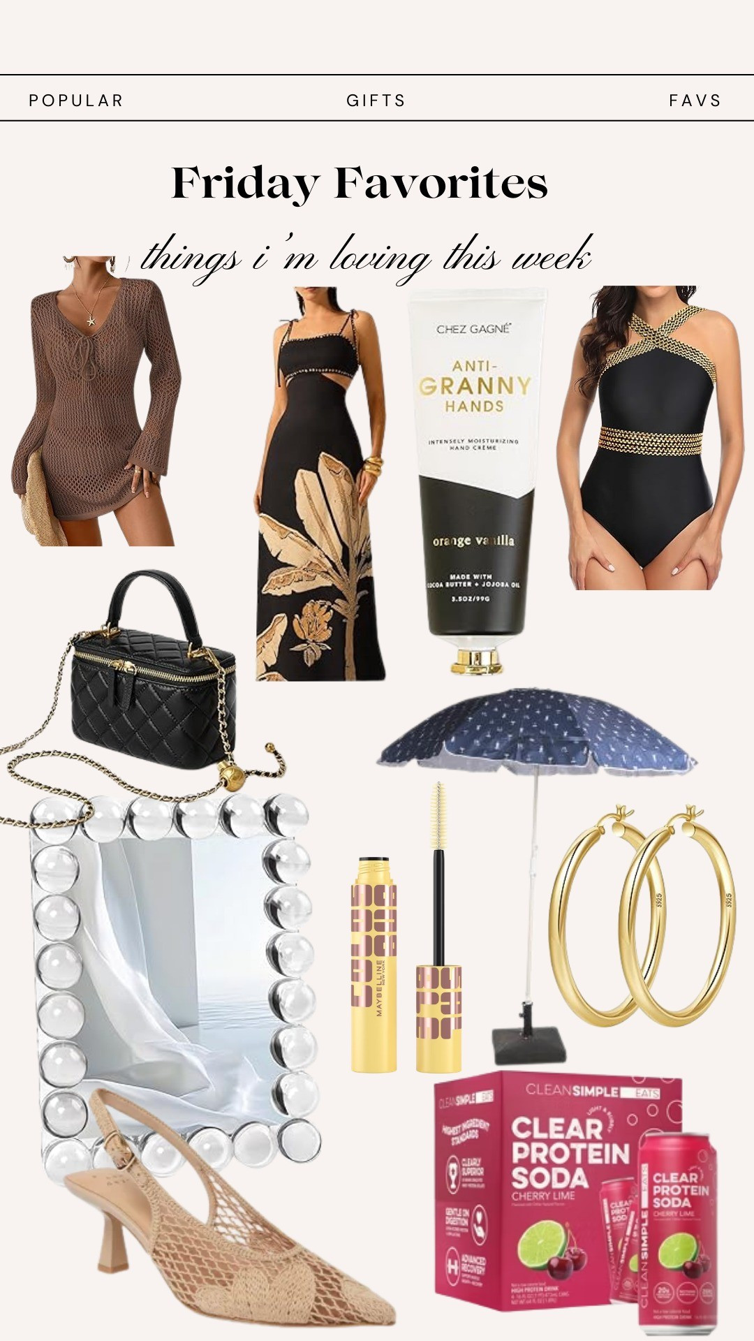 Friday Favorites findsSundress, spring looks, summer looks, swimsuit coverups, bathing suits, swimsuits, hand lotion, anti-aging products, purses, handbags, umbrellas, outdoor patio, patio furniture, mascara, earrings, gold hoops, accessories, fashion finds, affordable fashion, active lifestyle, fitness, clear protein. Drinks, fashion tips, trending, vacation style, vacation looks, 

#LTKSwim #LTKSeasonal #LTKTravel