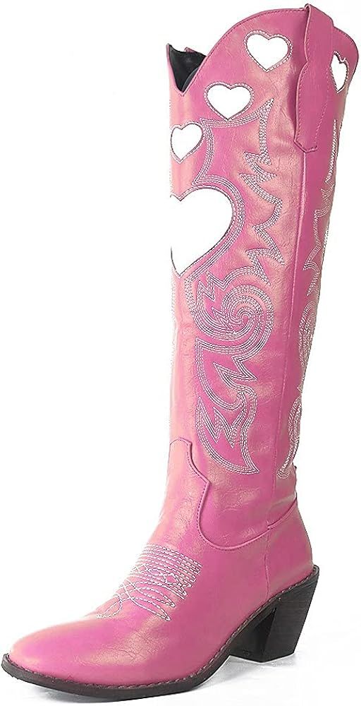 VIMISAOI Womens Knee High Boots, Pull On Mid Chunky Heel Riding Embroidered Western Heart Cowgirl... | Amazon (US)