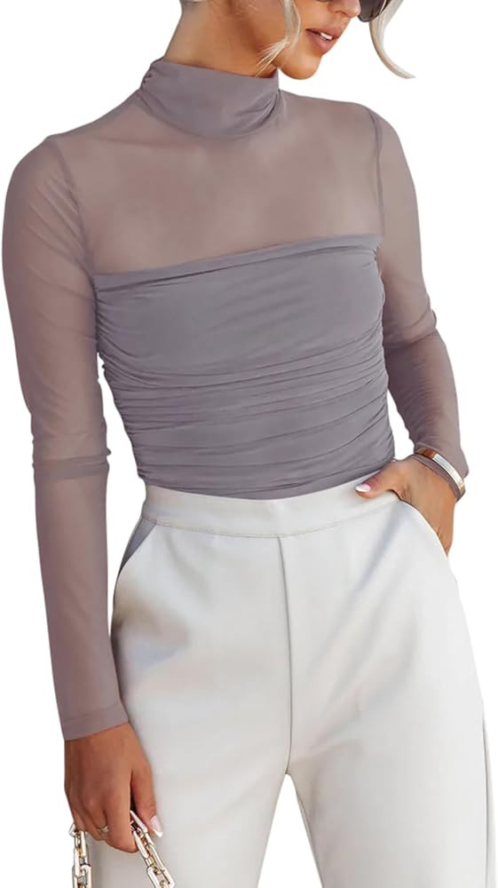 REORIA Women’s Trendy Sexy Mock Turtle Neck Long Sleeve Sheer Mesh Ruched Going Out Bodysuits T... | Amazon (US)