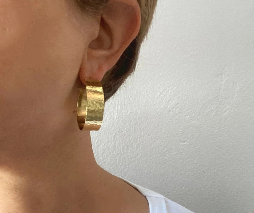 Gold or Silver Stud Large Hoops, Brass Wide Bold Hoop Earrings, Thick Gold Big Creole Hoops, Gift... | Etsy (US)